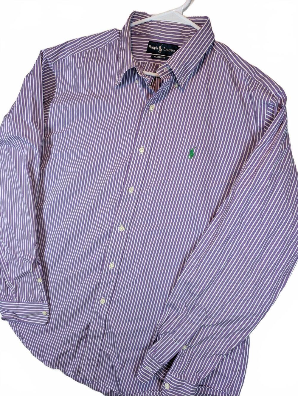 Ralph Lauren Classic Fit Purple Striped Button Down Collared Dress Shirt Mens XL